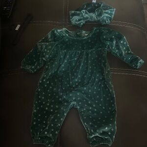Cat & Jack Velvet Green Polka Dot Romper with Headband